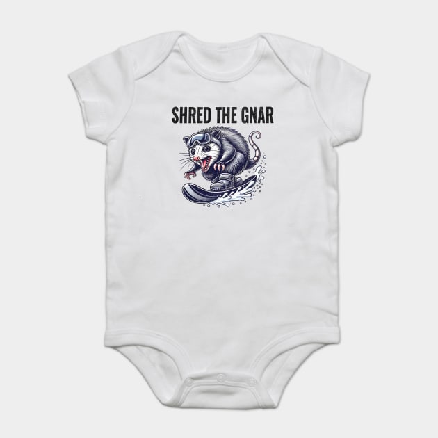 Shred the Gnar, feral snowboarding possum Baby Bodysuit by Luxinda